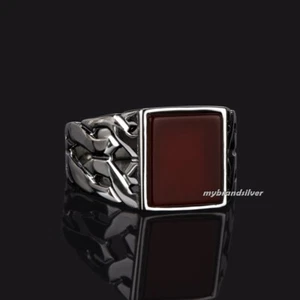 Solid 925 Sterling Silver Turkish Handmade Jewelry Red Agate Men's Ring All Size - Picture 1 of 4