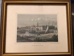 Vintage Framed Print Middelburg G.G. Lange Darmstadt Sailboats Buildings Bridge - Picture 1 of 7