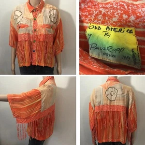 vtg Paul Ropp Button Shirt O/S Old America Rayon 1989 Fringe Western Resort Boho - Picture 1 of 20