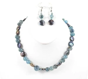 Heirloom Beads 16" + 2" NEW Blue Multi Kyanite Coin Pearl Necklace Ear Set - Picture 1 of 3