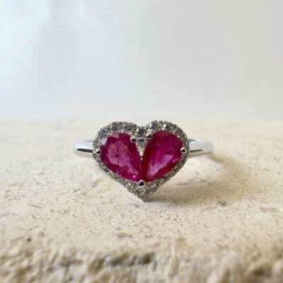 Solid 14K White Gold Natural Red Ruby and Diamonds Gemstone Women Heart Ring - Image 1 of 4
