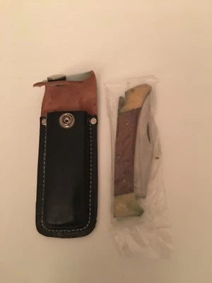 Cuchillo de bolsillo plegable Hunter de madera con funda de cuero vintage Foto 1 de 4