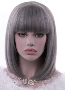 12” Straight Bob Bangs Silver Gray Synthetic Wig Unworn Tried On Net Cap Include