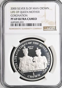 2000 ISLE OF MAN SILVER 1 CROWN LIFE OF QUEEN MOTHER CORONATION-NGC PF69 UC - Picture 1 of 2