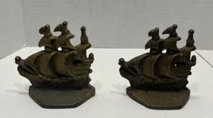 Vintage Cast Iron Gold Tone Galleon Sailing Ships Bookends - Picture 1 of 11