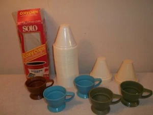 Vtg Lot 5 Plastic SOLO CUP HOLDERS Plus 61 Cozy Cup Refills Utensils Picnic - Picture 1 of 7