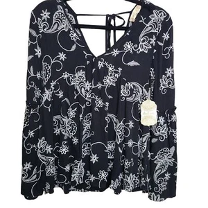 Alter'd State Womens SZ XS Black Blouse Top Bell Sleeves Embroidered Boho NEW - Picture 1 of 11