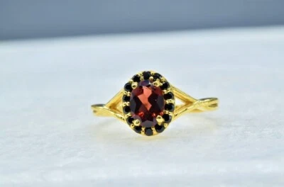 Facettiert Red Garnet & Schwarz Spinell 925 Sterlingsilber Cocktail Ring Gift - Bild 1 von 4