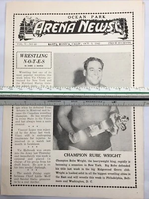 RUBE WRIGHT WRESTLER 1942 Arena News Boxing Program Ocean Park California - Image 1 of 2