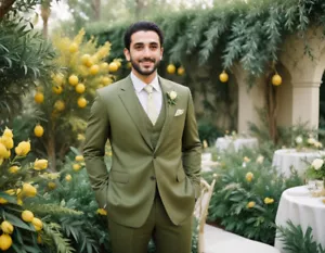Men's Olive Green 3 Piece Wedding Suit Slim fit Two Button Elegant Groom Attire - Picture 1 of 6