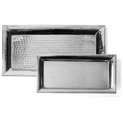 2 Pack Rectangle Silver Hammered Trays Chrome Serving Tray Appetizer - Image 1 of 4