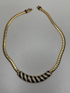 Collana vintage SWAROVSKI barra cristallo trasparente 16" tono oro smalto nero - Foto 1 di 6