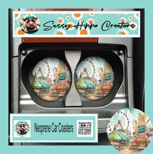 Car Coasters Boardwalk Ferris Wheel Carnival Games Set of 2 Neoprene Absorbent - Picture 1 of 5