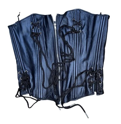 Vintage ‘Elegant Moments Leather’ Black Leather Corset Black Ribbon Size 38 (XL) - Image 1 of 4