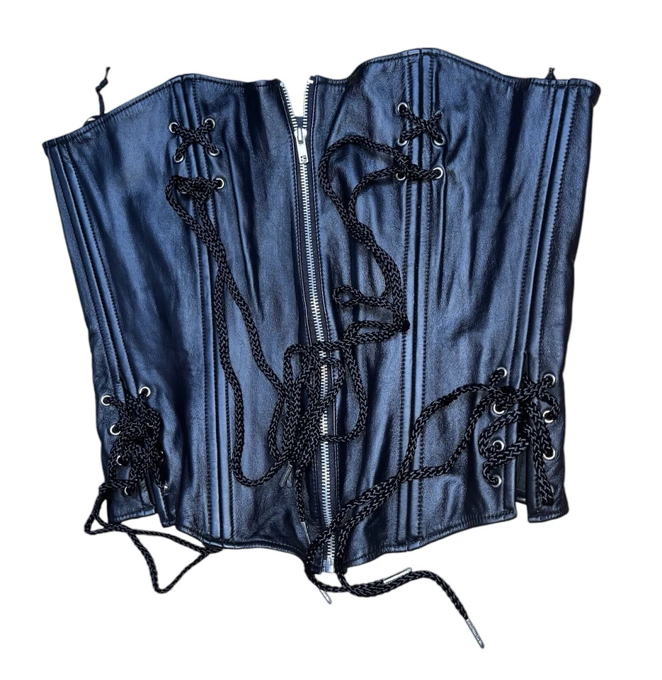 Vintage ‘Elegant Moments Leather’ Black Leather Corset Black Ribbon Size 38 (XL) - Image 1 of 4