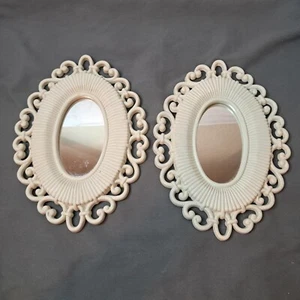 Set 2 Vtg Homco Faux Wicker White Wall Hanging Mirrors Pair Rattan Cottage Core - Picture 1 of 16