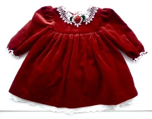 Vtg Good Lad Red Velvet Crocheted Lace Trim Christmas Dress Sz 12 Mo USA - Picture 1 of 7