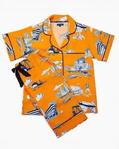 Nuevo con etiquetas Conjunto de Pantalones de Pijama Katie Kime Naranja Azul Marino Houston Toile Pequeño - Imagen 1 de 5