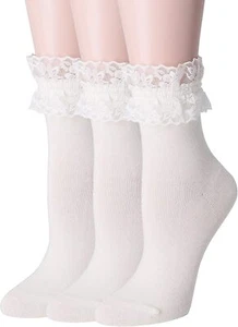 Lace Ankle Socks Ruffle Frilly Cotton Socks Trim Dress Socks Women or Girls - Picture 1 of 6