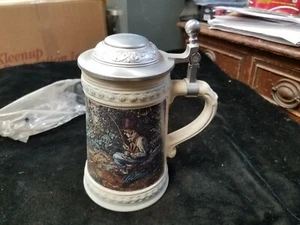 Vintage West Germany ALWE Ceramic Pewter Lidded Stein Fisherman Tophat Design 7" - Picture 1 of 7