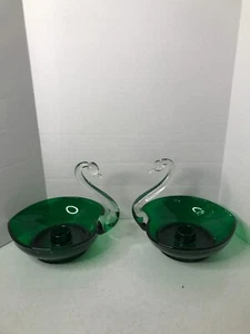Vintage Pair Emerald Green Glass Swan 5" Candle Holder Dish MCM Decor - Picture 1 of 7