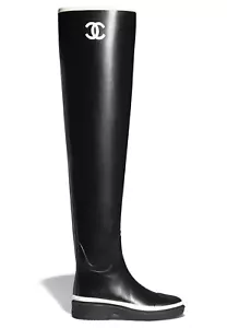 Chanel 22K Black White Caoutchouc CC Logo Thigh High Pull On Rubber Rain Boot 40 - Picture 1 of 12