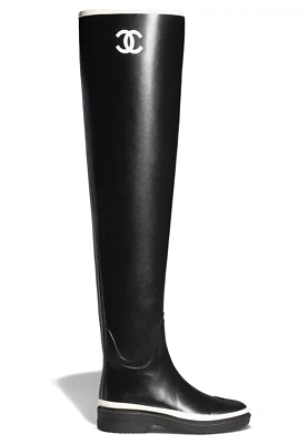 Chanel 22K Black White Caoutchouc CC Logo Thigh High Pull On Rubber Rain Boot 40 - Image 1 of 4