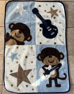 Baby Blanket Rockstar Monkey Blue Brown Squares Guitar Star Luxe Fleece 43”x29” - Picture 1 of 5