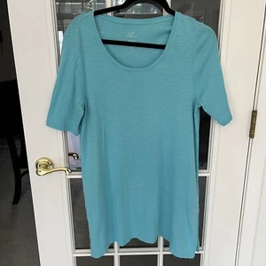 J Jill Womens Pima Cotton Tunic Top Medium Short Sleeve Lagenlook Teal T Shirt - Picture 1 of 8