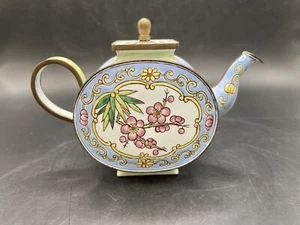 Vintage Kelvin Chen Enameled Miniature Teapot, #52, Flowers, Blue Pink - Picture 1 of 9