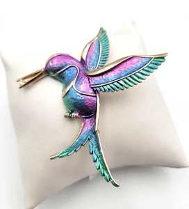 Enamel Rhinestone Hummingbird Brooch Purple Teal Gold Tone Bird Pin - Picture 1 of 9