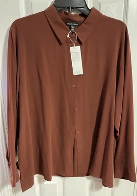 全新 Eileen Fisher XL 真丝 Georgette 绉织经典领衬衫 全新带标签 278 美元 红木 — 第 1/3 张图片