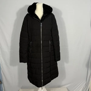 Guess Faux Fur Lined Hooded Puffer Coat Womens XL Black Mid Length Full Zip Cozy - Picture 1 of 13