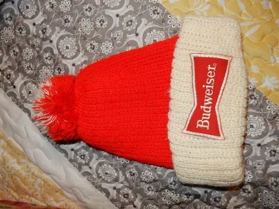 Vintage Budweiser Beer Beanie Pom Cap Hat Acrylic Knit 70s 80s Anheuser Busch - Image 1 of 4