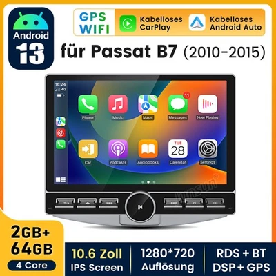 10.6''Für VW Passat B7 2010-2015 64GB Carplay Android 14 Autoradio GPS NAVI WIFI - Bild 1 von 4