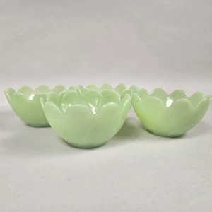 4 ciotole tazza dessert Fire King giadeite fiori di loto foglia rara arte floreale verde - Foto 1 di 10