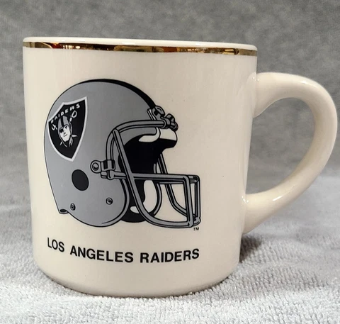 Vintage NFL Los Angeles Raiders Helmet Ceramic Gold Rimmed Coffee Mug 12oz Cover
