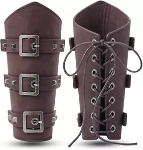 Leather Arm Bracer Gauntlet Wristband Renaissance Buckle Arm Guard 1 Pair Brown - Picture 1 of 4