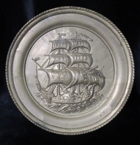 Vintage Large Embossed Brass Wall Plate Ship Galleon Gold Plaque 42cm - Picture 1 of 6