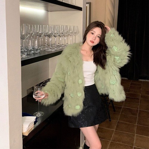 OFF WHITE Cappotto vera pelliccia donna invernale coreano caldo retrò monopetto maglia giacca