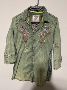 Destined to Roar 70's Womens Snap-On Rhinestone Embroidered Shirt Green Medium - Picture 1 of 12