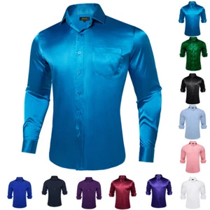 Mens Silk Blue Black Vintage Paisley Casual Shirts Long Sleeve Button Down - Picture 1 of 63