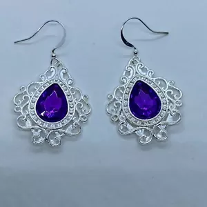 PENDIENTES DE PAVO REAL ESTILO VICTORIANO, PIEDRAS LAGRIMALES PÚRPURAS filigrana chapadas en plata - Imagen 1 de 6