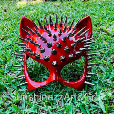 Red Punk Cat Costume w/ Silver Spike Halloween Masquerade Steampunk Party Mask - Image 1 of 4