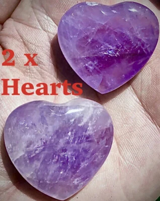 2 X NATURAL AMETHYST CRYSTAL QUARTZ  POLISHED HEART BEAUTIFUL HEALING STONE - Image 1 of 4