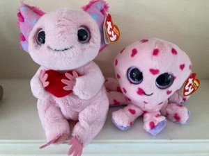 TY BUBBLES VALENTINE OCTOPUS BEANIE BOOS + LOCKY AXOLOTL BELLIES VALENTINE'S DAY - Picture 1 of 1