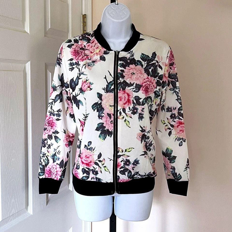 Chaqueta de bombardero ligera con cremallera EQ estampado floral abrigo de béisbol marfil/rosa talla M Foto 1 de 4