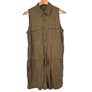 LAUREN RALPH LAUREN Olive Green Linen Utility Romper Sleeveless  Size 8 - Picture 1 of 14
