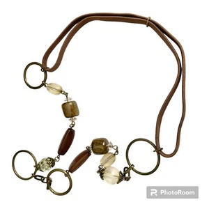 Vintage Glass Bead Stretch Headband Brown Beige Bronze Metal 22" Boho Hippie - Picture 1 of 14