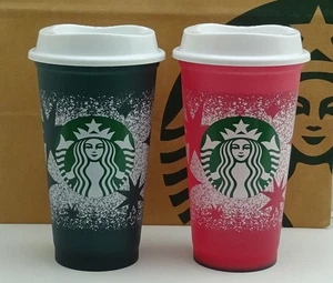 Starbucks Becher Reusable Colour Changing Cup Schnee Sterne Set 2 Stück 16oz NEU - Picture 1 of 1